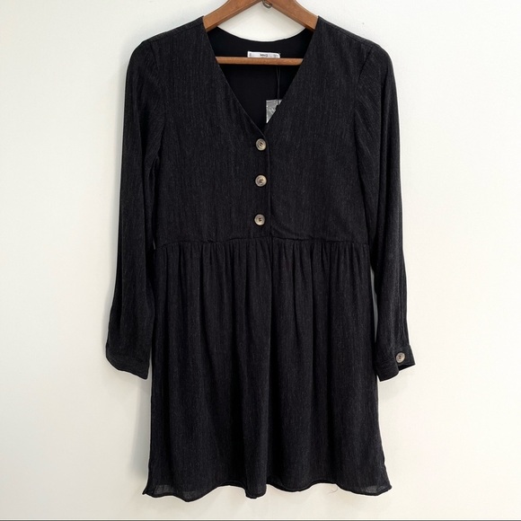 Mango Dresses & Skirts - MNG Mango charcoal gray babydoll long sleeve button front dress size 4